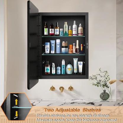 18x26 Medicine Cabinet with Mirror, Bathroom Storage Cabinet Mirror | Wall-Mounted or Recessed, Black Metal Frame, Adjustable Glass Shelves, Bathroom Vanity Mirror with Storage - size: 18"W x 26"H