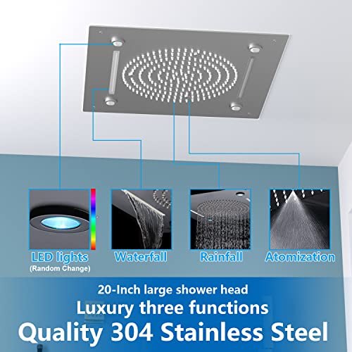 Enga Shower System With Spa Body Jets, 20 Inch LED Waterfall Atomizing Horizontal Square Ceiling Shower Head with Remote Control, Thermostatic Shower Faucet Set Flow Can Be Controlled Brushed Nickel - color: Brushed Nickel, style: 20" Head (Rain + Mist+Wa