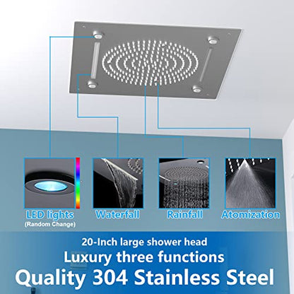 Enga Shower System With Spa Body Jets, 20 Inch LED Waterfall Atomizing Horizontal Square Ceiling Shower Head with Remote Control, Thermostatic Shower Faucet Set Flow Can Be Controlled Brushed Nickel - color: Brushed Nickel, style: 20" Head (Rain + Mist+Wa