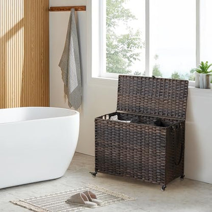Laundry Hamper with Wheels, 60.72 Gallon(230L) Rolling Laundry Basket with Lid, Removable Large 3 Color Liners & 3 Mesh Laundry Bags, Clothes Hamper with Side Pocket, Brown - color: Brown, size: 35.43"L x 15.75"W x 25.6"H