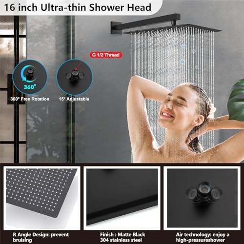 Midanya Shower Faucet Set with Handheld Sprayer,16 Inch,Matte Black | Rough-in Shower Valve and Trim Kit Included,Square Rain Head,Wall Mount Shower System,All Metal,Bathroom - color: Black, size: 16 Inch