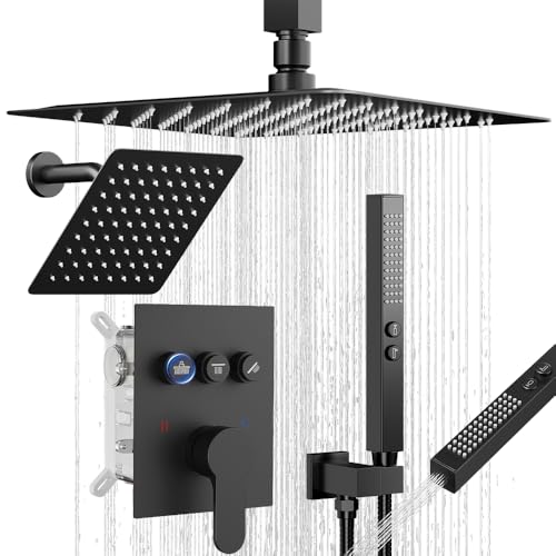 Shower Faucet Set Shower Systems,Push Button Diverter Shower Faucet with 2 in 1 Handheld,Ceiling Mount 10"+6" Dual Shower Heads with 2-in-1 Handheld Spray,Matte Black Shower Set for Trim Kit - color: Matte Black, size: 6+10 inch-01