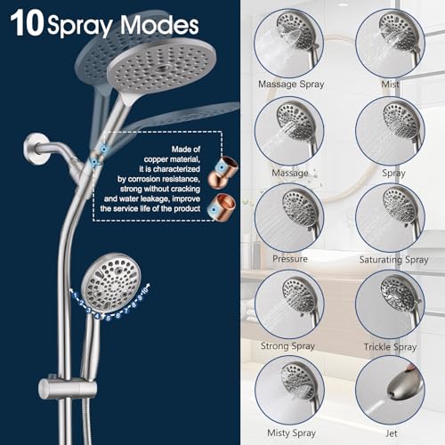 High Pressure Shower Head with Handheld Shower, 26" Adjustable Height Drill-Free Slide Bar, 3-Way Diverter for Easy Reach, Dual Shower Head Combo Set with 5ft Hose - Brushed Nickel - color: Brushed Nickel
