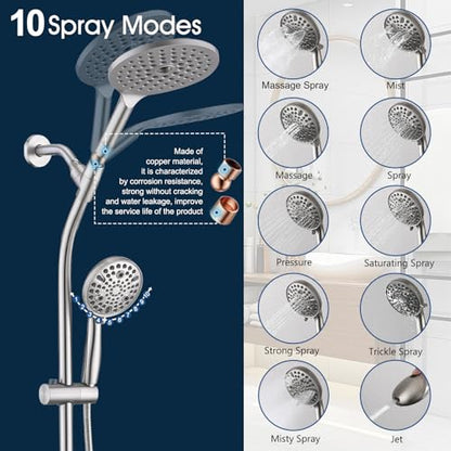 High Pressure Shower Head with Handheld Shower, 26" Adjustable Height Drill-Free Slide Bar, 3-Way Diverter for Easy Reach, Dual Shower Head Combo Set with 5ft Hose - Brushed Nickel - color: Brushed Nickel