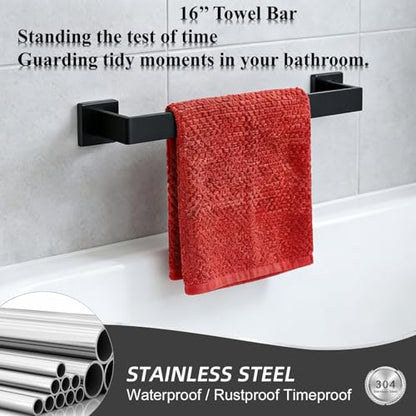 16 Inch Bathroom Towel Bar SUS304 Stainless Steel Matte Black Towel Holder Wall Mounted Heavy Duty Towel Rack Bathroom Towel Rod Modern Square Base Design(1, Matte Black, 16 Inch) - color: Matte Black, size: 16 Inch