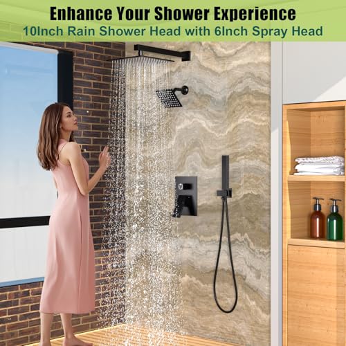 Enga Shower Faucet Set Shower System, Dual Shower Heads 10'' Rainfall with 6'' Wall Shower Head, 2 in 1 Handheld Spray with Valve Kit, Matte Black - color: Matte Black, style: Wall-10"+6" Head