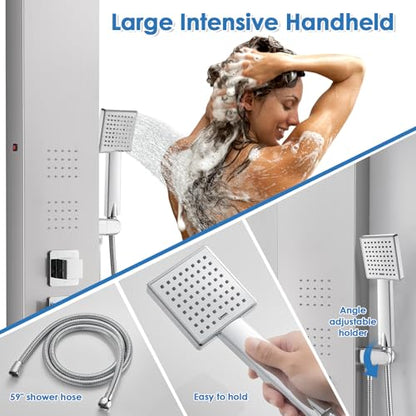ROVOGO LED Shower Panel Tower System with Lights, 5 Shower Modes, 46.5 Inch | Rainfall Waterfall Shower Head, 4 Body Jets, Handheld and Tub Spout, Stainless Steel Shower Column with Brass Valves, Brushed - color: Brushed-4 jets