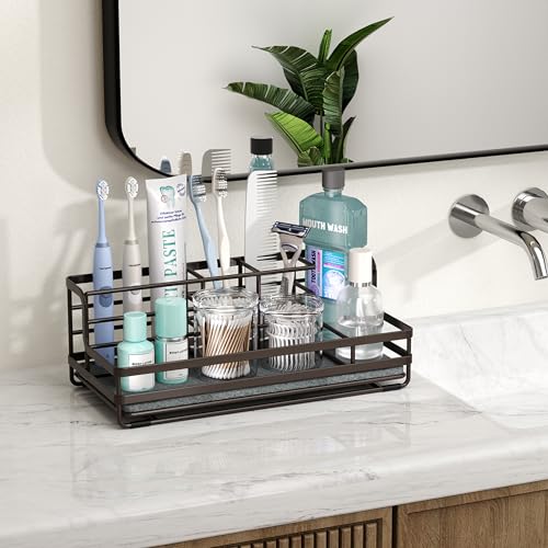 HapiRm Toothbrush Holders for Bathroom - 5 Partitions Bathroom Counter Organizer with Instant Drying Stone, Stainless Steel Countertop Storage Electric Toothbrush Toothpaste Holder - Bronze - color: Bronze