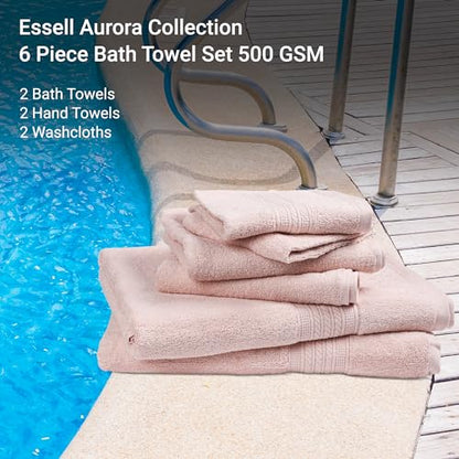 ESSELL 24/7 Aurora Collection 6 Piece Bath Towel Set, 100% Cotton, Durable, Quick Dry & Light Weight, 2 Bath Towels, 2 Hand Towels, 2 Washcloths - Blush - color: Blush