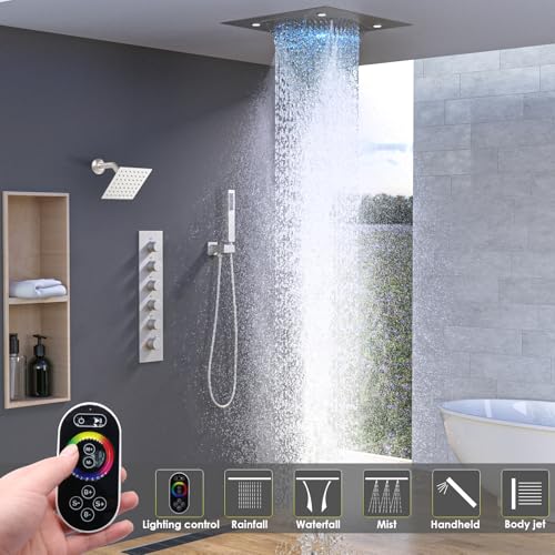 Enga Luxury Dual Shower Head System LED Thermostatic Shower System with 6 inch Wall Shower, 20-Inch 3 Function Shower Head (Rainfall & Mist & Waterfall), Brushed Nickel - color: Brushed Nickel, style: 20" Head (Rain + Mist+Waterfall) - 6" Head