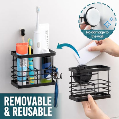 TAILI Powerful Suction Cup Toothbrush Holder, Segmented Design, Anti-Puddling Metal Shower Toothbrush Holder, No Drilling Removable Organizer for Bathroom Toothpaste, Razor, Kitchen and Office Items - color: Black Plus