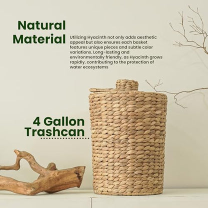 Tidita Wicker Waste Basket with Lid, 4 Gallon Water Hyacinth Trash Can | Iron Frame, Removable Liner, Handwoven Design, Space-Saving, No Assembly, Boho Style, Multi-Purpose Storage, Bedroom & Office - color: Natural, size: 4 Gallons