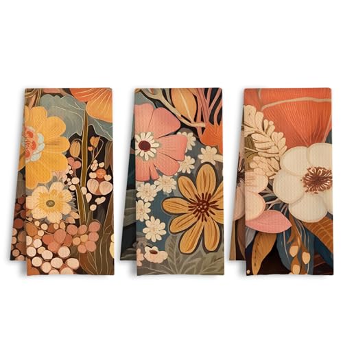 Boho Abstract Floral Kitchen Towels, Vintage Botanical Dish Tea Towels, Mid Century Modern Flower Plant Decorative Hand Towel for Bathroom Kitchen, 16x24 Inch Set of 3 - color: Boho Abstract Modern