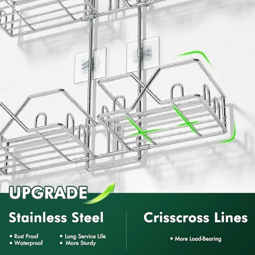 Sewulidon Stainless Steel Shower Caddy Hanging for Handheld Shower Heads,Rustproof Hose Shower Organizer Adjustable Length Shower Rack with 24 Hooks,Razor Holder,Soap Holder - color: New-Silver