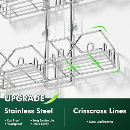 Sewulidon Stainless Steel Shower Caddy Hanging for Handheld Shower Heads,Rustproof Hose Shower Organizer Adjustable Length Shower Rack with 24 Hooks,Razor Holder,Soap Holder - color: New-Silver