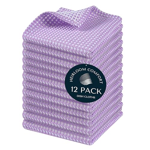 12 Pack Dual Tone Waffle Weave Dish Cloth, 12x12 Inches, 100% Cotton, Reversible, Super Absorbent, Quick Dry, Durable Dishcloth Set, Soft Hand Towels for Cleaning, Lavender - color: Lavender