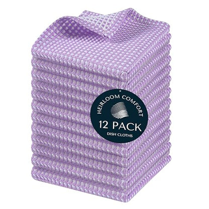 12 Pack Dual Tone Waffle Weave Dish Cloth, 12x12 Inches, 100% Cotton, Reversible, Super Absorbent, Quick Dry, Durable Dishcloth Set, Soft Hand Towels for Cleaning, Lavender - color: Lavender