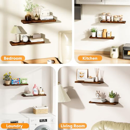 Solid Wood Live Edge Floating Shelves Set of 2 – 24" Rustic Wall Shelf with Hidden Bracket System, Wall Mounted Shelves for Bathroom, Kitchen, Living Room, Bedroom (Walnut) - color: Walnut, size: 24inch