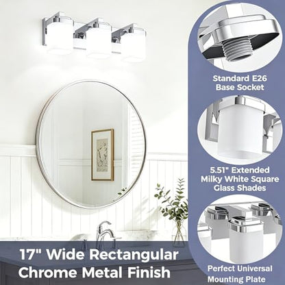 17 Inchs Bathroom Vanity Light, 3-Light Chrome Bathroom Light Fixtures Over Mirror, Bathroom Light Shower Lamp with Milky White Square Glass Shade, Modern Farmhouse Lighting Fixtures - color: Chrome, size: 17 Inch : 3-lights