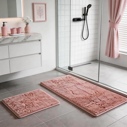 Pink Bathroom Rugs Chenille Bath Mat Set 2-Piece Bath Rugs for Bathroom Extra Soft Bath Mats for Bathoom Non Slip Absorbent Shag Bathoom Carpet - color: Pink