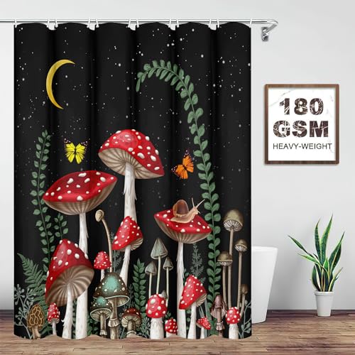 Black Mushroom Shower Curtains 72 x 72 Inch, Waterproof Fabric Rustic Retro Mushroom Moon Butterfly Botanical Bathroom Shower Curtain with 12 Hooks - color: Black Mushroom, size: 72"W x 72"L (Pack of 1)