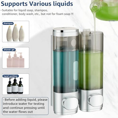 Pollock Shampoo and Conditioner Dispenser 2 Chamber No Drill | Shower Soap Pump Dispenser Wall Mounted,Body Wash Dispenser,Shower Gel Shampoo Holder for Bathroom Accessories, (Silver 2) - color: Silver 2
