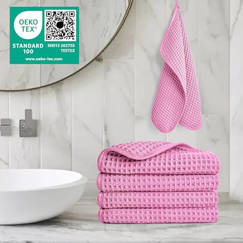 POLYTE 430 GSM Microfiber Lint Free Washcloth Face Towel, 13 x 13 in, 4 Pack (Waffle Weave) - color: Pink