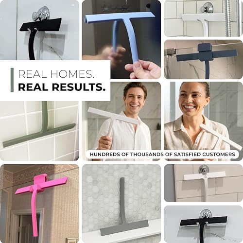 Silicone Shower Squeegee for Glass Doors & Mirrors with Stainless Steel Core, Streak-Free & No-Squeak Window Cleaning, 3-in-1 No-Drill Mount (Hook/Suction/Adhesive),Blue, 11 Inches | Streak-Free & No-Squeak Window Cleaning, Stainless Steel Core, Hook/Suct
