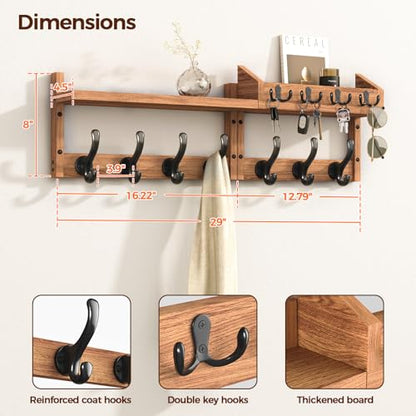 Evermagin 29" Coat Rack Wall Mount with Shelf & 11 Hooks, Entryway, Brown | Wooden Wall Mounted Coat and Key Rack with Hooks, Key Hanger with Mail Holder for Living Room, Mudroom, Bedroom - color: Brown, size: 29 inch