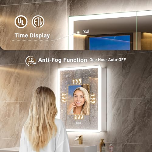 24x32 Front & Backlit Medicine Cabinet with LED Lights, 155°Soft-Close Hinge, Surface or Recessed Dimmable Lighted Medicine Cabinet Mirror with Clock Outlet Inner Light,Anti-Fog - size: 24x32'' (Left Hinge)