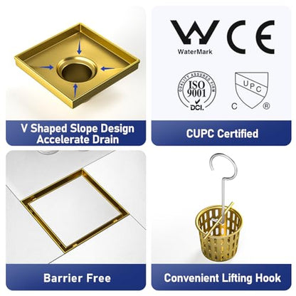 Square Shower Drain, 304 Stainless Steel Floor Drain 6" | with Tiled Insert Grate & Hair Strainer, Bathroom 2-in-1 Tiled in Drain, CUPC Certified - color: Brushed Gold, size: 6''