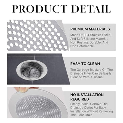 Shower Drain Hair Catcher - Stainless Steel Drain Hair Catcher, 5.7in Wide Rim for Strong Bathtub Adhesion, Easy to Clean, Prevents Clogs, Ideal for Homeowners, Renters, Parents & Pet Owners