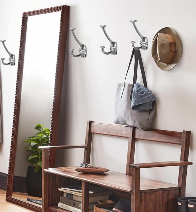 Brushed Satin Nickel Hooks Large Wall Mounted Decorative Solid Heavy-Duty Double-Sided Coat Hooks Triple Coat Hook Towels Coats Robes Towels Bag Bathroom Three Prong Coat Hook (2 Pack) - color: Brushed Satin Nickel