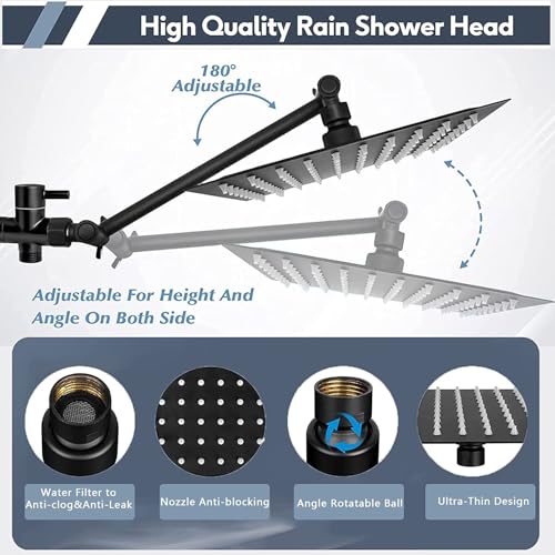 Rainfall Shower Head with Handheld Combo, Black, 10 Inch & 3 Spray Modes | 180° Adjustable with Extension Arm, Easy To Install - color: Matte Black