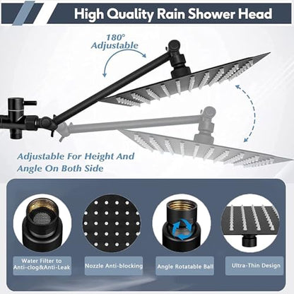 Rainfall Shower Head with Handheld Combo, Black, 10 Inch & 3 Spray Modes | 180° Adjustable with Extension Arm, Easy To Install - color: Matte Black