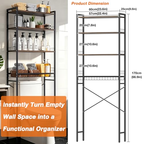 Over The Toilet Storage Rack 4-Tier Freestanding Bathroom Organizer Shelf Over Toilet with Adjustable Shelf & Basket, Space-Saving for Small Spaces, Rustic Brown
