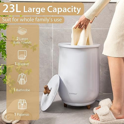 COSTWAY Bucket Style Towel Warmer, 23L Towel Warmer with 4 Heating Time & 3 Heating Temperature, Overheat Protection System, Fragrant Disc Holder, Towel Warmer for Bathroom, Hot Tub, Spa, White - color: White