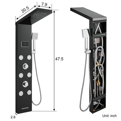 LED Rainfall Shower Tower System, Stainless Steel Hydroelectric Shower Panel Tower System (No battery need) with 6 Pcs Body Jets, Black - color: Black - 6 Body Jets