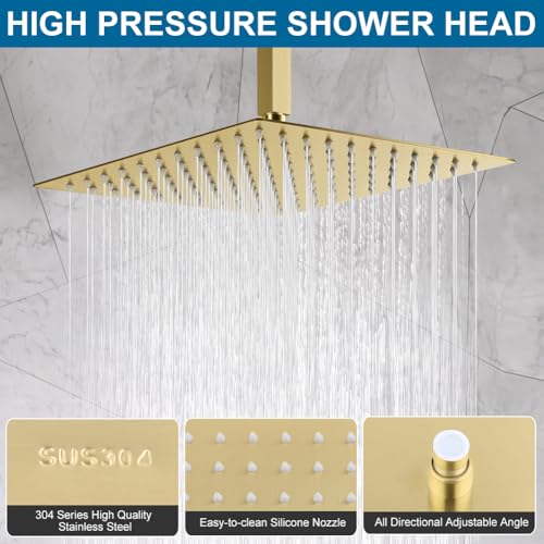 Ceiling Mount Shower Faucet Set Brushed Gold Bathroom Rainfall 10 Inch Shower Head System Single Handle Shower Trim Kit with Valve - color: Brushed Gold, size: 10 Inch (Ceiling Mount)