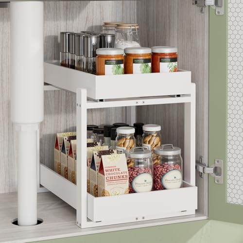 APRTAT 2 Pack Bamboo Under Sink Organizer, 2-Tier Pull Out Storage Drawers | Smooth pull-out drawers keep cleaners and tall bottles visible, organized and easy to reach in kitchen or bathroom cabinets - color: White, size: 1 Pack