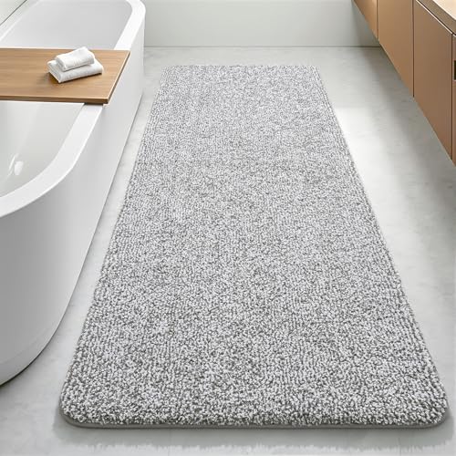 Bathroom Runner Rug 24x60 Inch, Absorbent Long Bath Rug for Shower Floor | Soft Non Slip Washable Bathroom Rugs, Plush Thick Microfiber Large Bath Mat for Tub Double Sink Vanity, Light Grey and White - color: Light Grey and White, size: 24" x 60"