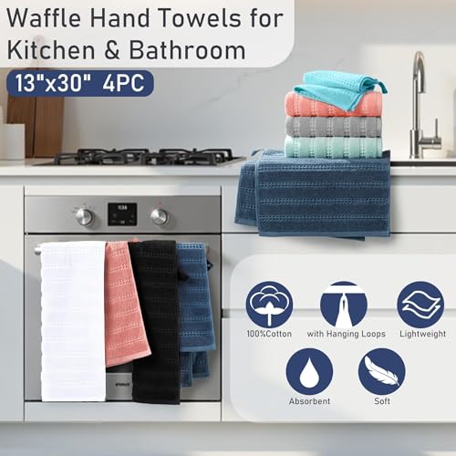 VOOVA & MOVAS White Hand Towels 4PC,13"x30", 100% Cotton,with Loop,White | Waffle Weave Fabric, Soft Lightweight & Absorbing, Quick Dry & Non-fading, Unshrinkable - color: White