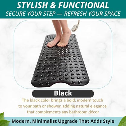 ENKOSI Non-Slip Bath & Shower Mat 40x16 Extra Long, Suction & Drain Holes | Black color; Durable PVC; 40x16 in, Black - color: Black