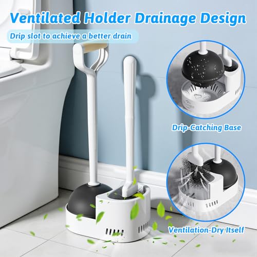 Toilet Brush and Plunger Set, Curved Head Deep Clean, White 2 Pack | Brush and Plunger set, Curved Nylon Bristles for Deep Clean, Strong Suction Plunger, Ventilated Holder for Quickly Air Dry - color: White