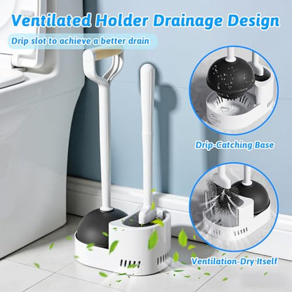 Toilet Brush and Plunger Set, Curved Head Deep Clean, White 2 Pack | Brush and Plunger set, Curved Nylon Bristles for Deep Clean, Strong Suction Plunger, Ventilated Holder for Quickly Air Dry - color: White
