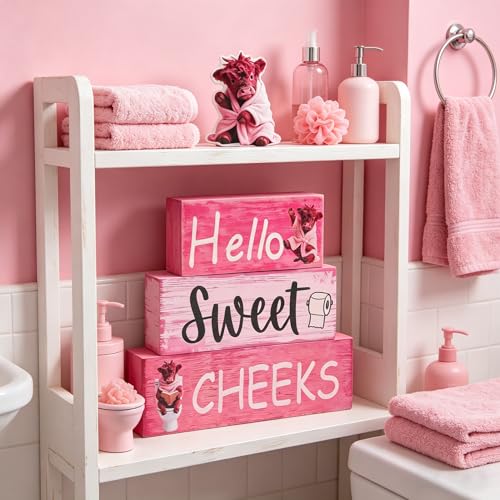 Pink Highland Cow Bathroom Decor 4 Pcs Farmhouse Decor and Accessories Western Hello Sweet Cheeks Table Centerpiece for Home Office