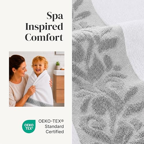 Modern Threads 600 GSM 6-Piece Towel Set with Filgree Jacquard Border, Silver - color: Silver, style: Jacquard Border