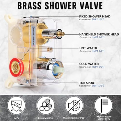 12 Inch Rainfall Shower System with Tub Spout Wall Mounted Complete Combo with Solid Brass Pressure Balancing Valve, High Pressure Shower Head, Handle Set & Installation Accessories Chrome - color: Chrome