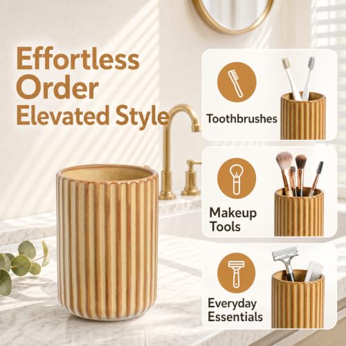Beige Ceramic Toothbrush Holder Cup | Striped Modern Farmhouse Bathroom Organizer Toothpaste Cup & Makeup Brush Tumbler - color: Beige