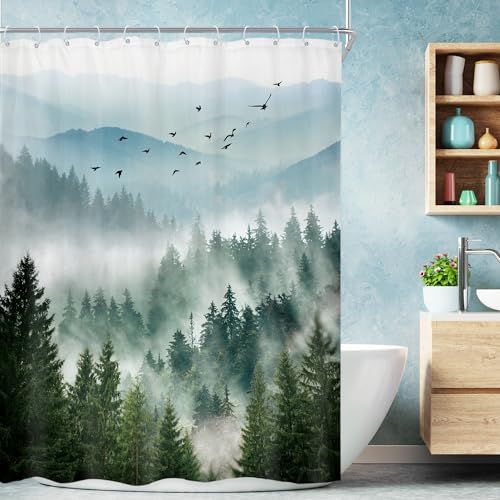 Riyidecor Green Mountain Stall Narrow Rv Small Bathroom Shower Curtain Set | 48"W x 72"L shower curtain， Nature Woods: HD waterproof print, quick-dry cloth, free hooks for easy installation. - color: A-01green, size: 48"W x 72"L (Pack of 1)